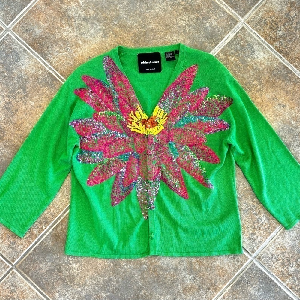 Michael Simon Vintage Silk Cardigan Sequin Embellished Lotus Water Lily Flower